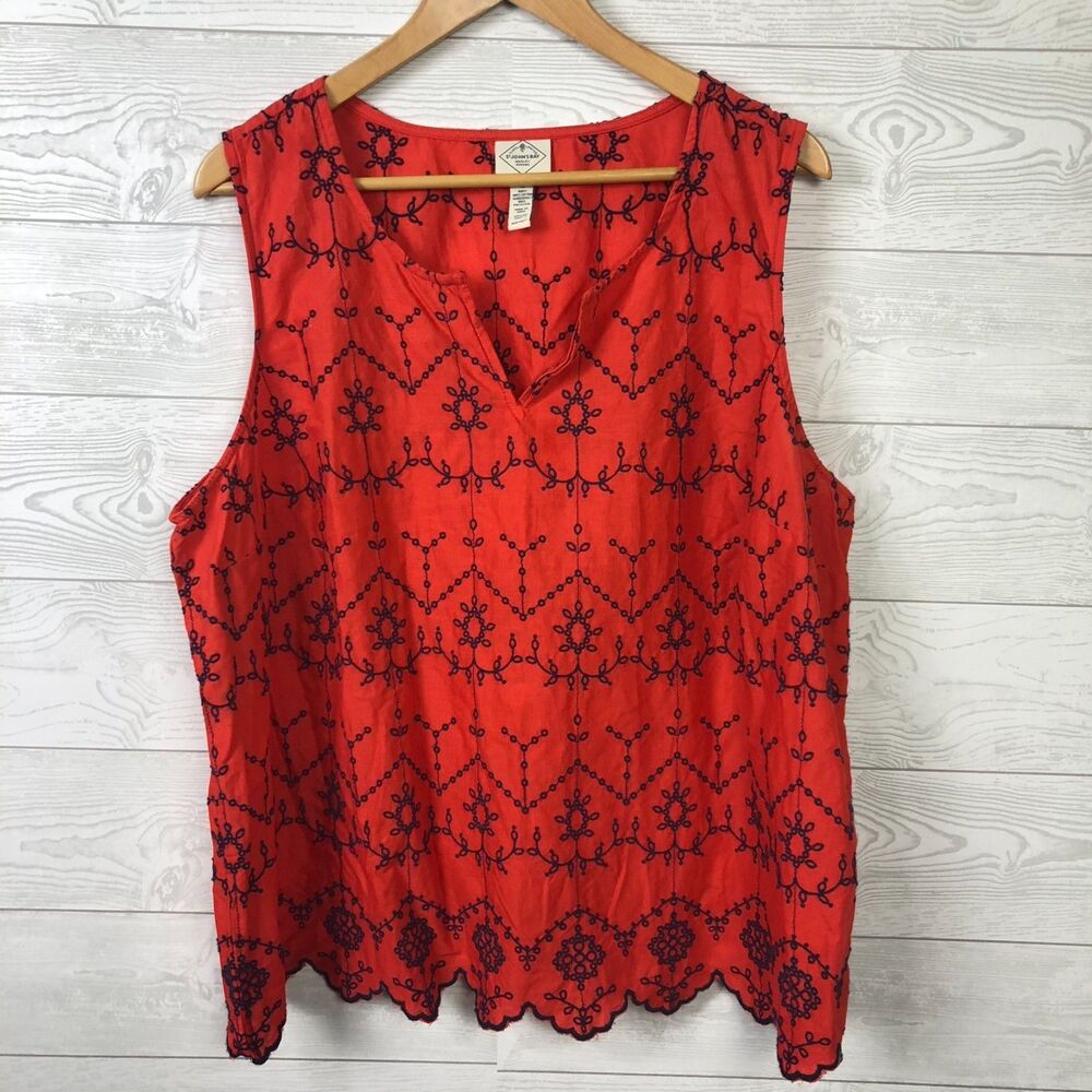 St John's Bay Women's 1X Embroidered Tank Top Split Neck Sleeveless Shirt Red